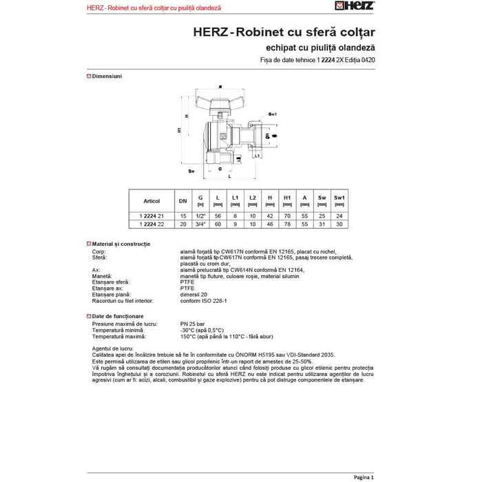 Robinet Sfera cu Semi-olandez FI-FI 1/2 DN15 HERZ