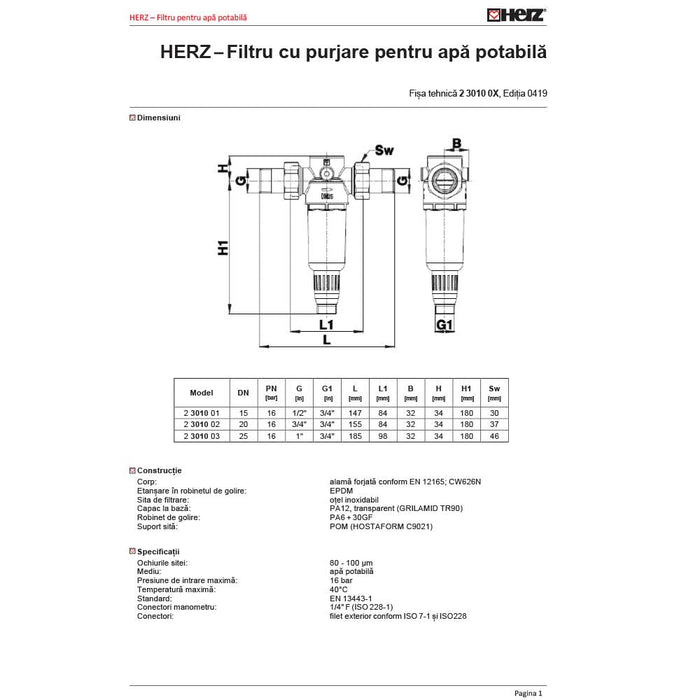 Filtru Apa Rece cu Autocuratare FE-FE cu olandez 1 DN25